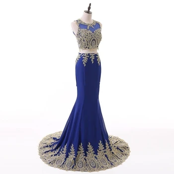 

2020 Sexy Royal Blue Appliques Two Piece Lace Evening Gowns Evening Dresses Formal Prom Party Dresses Vestidos de Festa