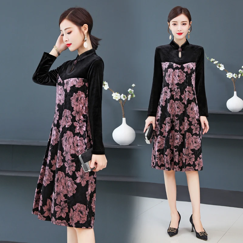 

CHUNLI Large size 2019 New improved cheongsam autumn and winter models women's gold velvet dress noble high-end temperament