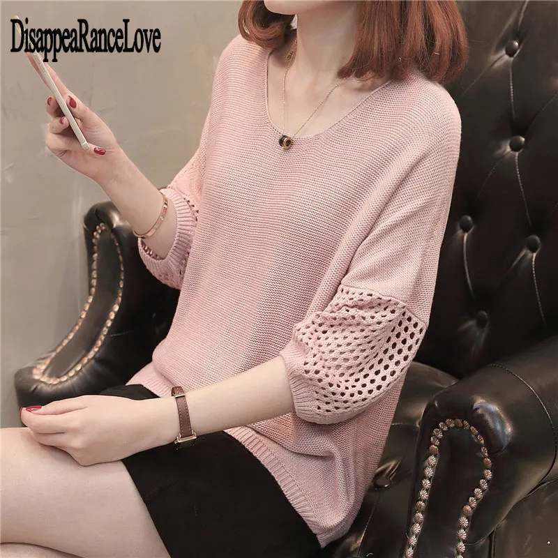 

2019 Woman Thin Solid Sweaters New Fashion Spring Autumn Korean Loose Bottom Sweater Hollow Sleeved Head Pullover