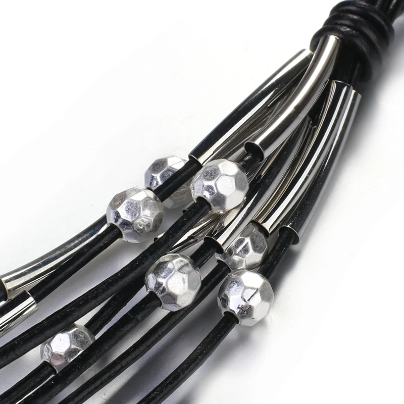 Женский многослойный браслет ALLYES черный кожаный с бусинами богемная накидка