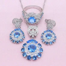 Изысканные 925 серебряные ювелирные наборы женские красные синие 2 цвета хрустальные серьги ожерелье кольцо Свадебные Модные Украшения подарочная коробка