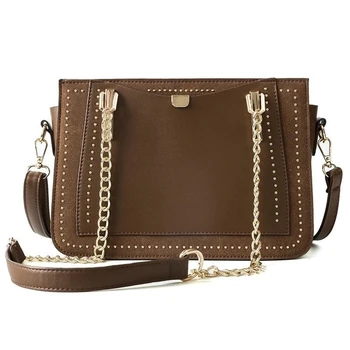 

New Fashion High Quality Luxury Rivet Handbag Women Bag Designer Brand Metal Chain Tote Bag Casual PU Leather Crossbody Bags