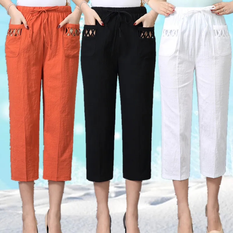 Woman Spring Cotton Linen Pants Female Summer Thin 3/4 Trousers Women Elastic Waist Capris Plus Size 4XL GD755 | Женская одежда