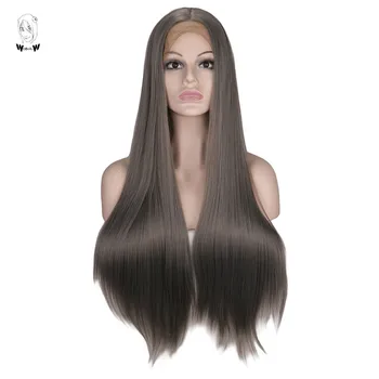 

WHIMSICAL W Long Straight Lace Front Synthetic Wig Dark Grey Wigs for Women Natural Hairline Hand Tied Hair