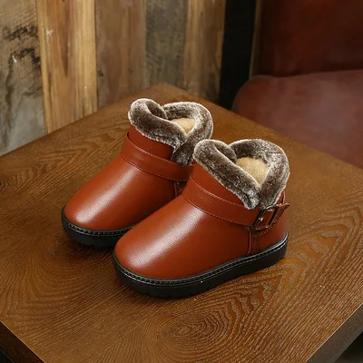 High Quality PU Leather Shoes for Kids Waterproof Winter Snow Boots Kids Boys Girls Solid Plush Flat Shoes Soft Warm Boots