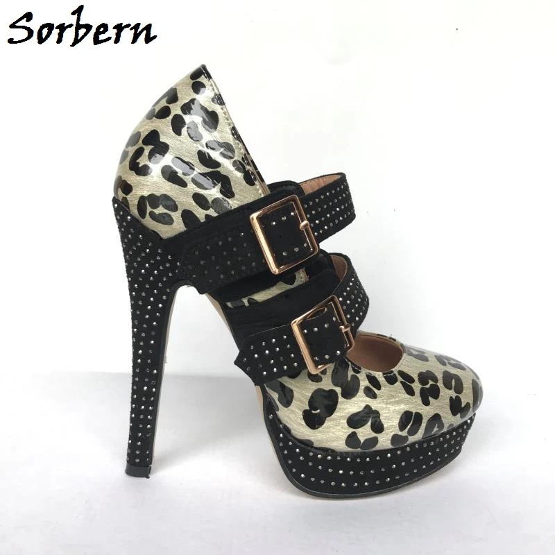

Sorbern Leopard Women Pump High Heel Crystals Studs Mary Jane Shoe Ladies Platform Closed Toe Womens Heels Runway Shoes