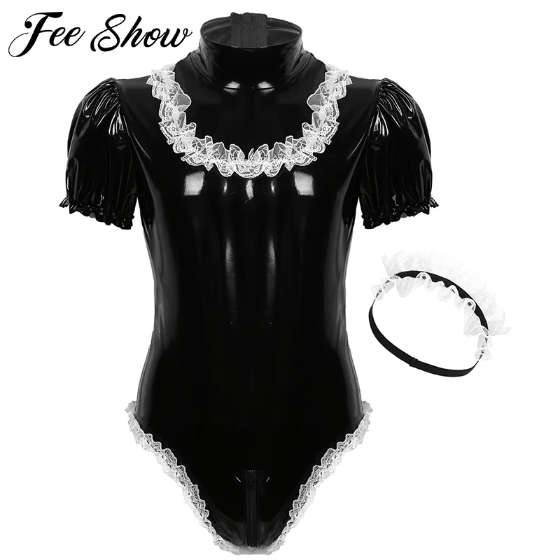 

Men Adults Sissy Maid Dresses Cosplay Costume Set Wetlook Clubwear Latex Leather Puff Sleeve Leotard Bodysuit with Lace Headband