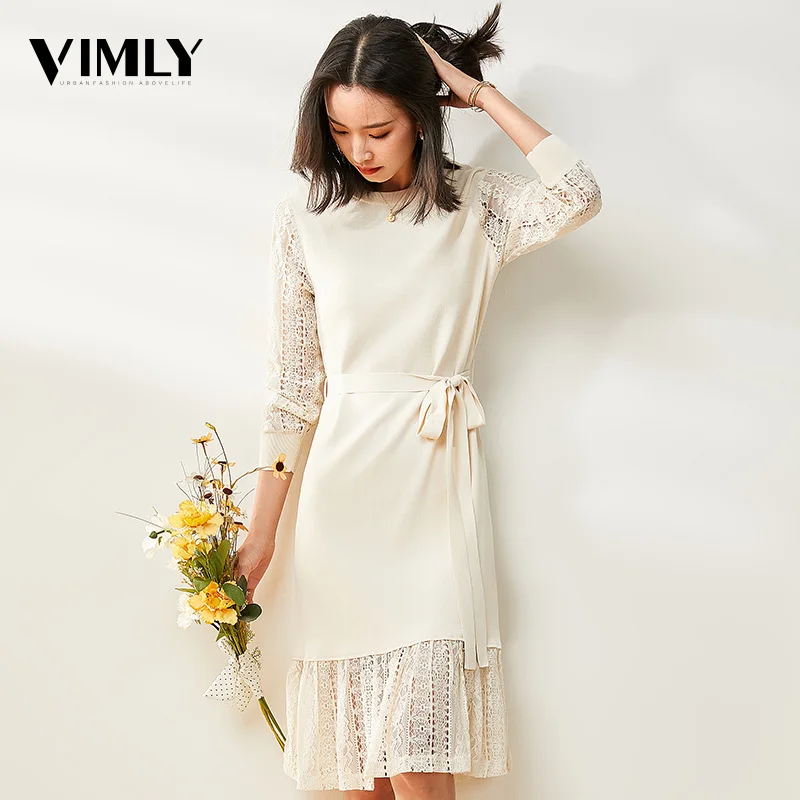 Vimly элегантные женские Вязаные кружевные платья офисные Лоскутные однотонные