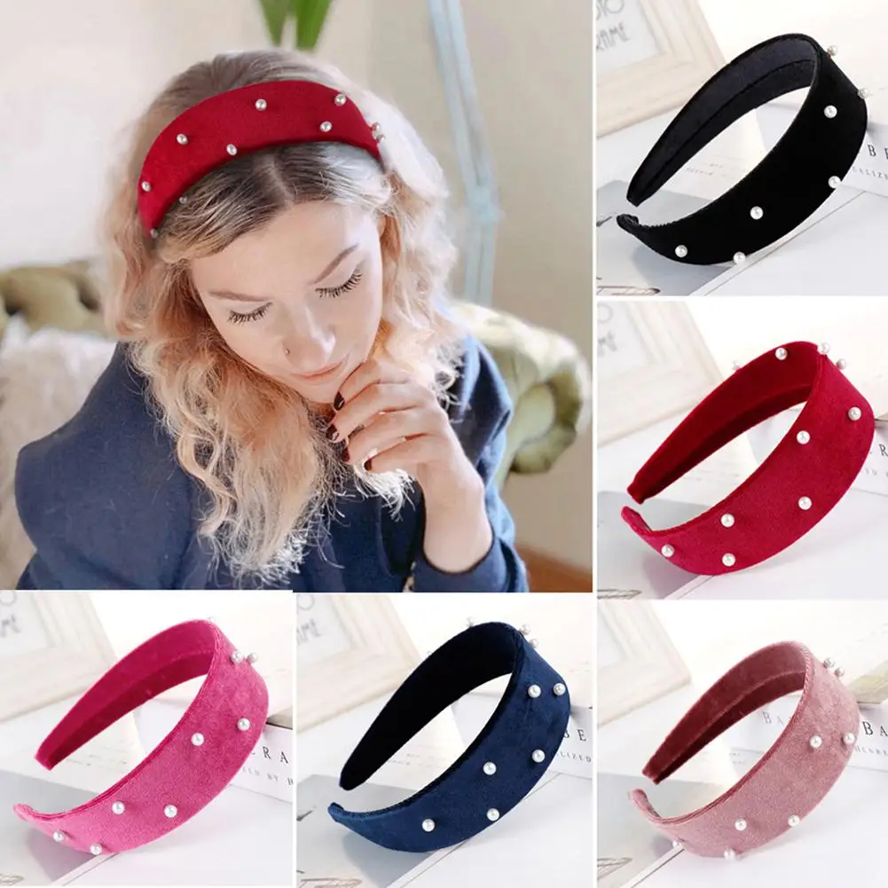 

Women Faux Pearl Beaded Wide Rim Solid Color Hair Hoop Loop Hairband Headband Elastic Ponytail Holders Rubber Tie Hair Rope Hair