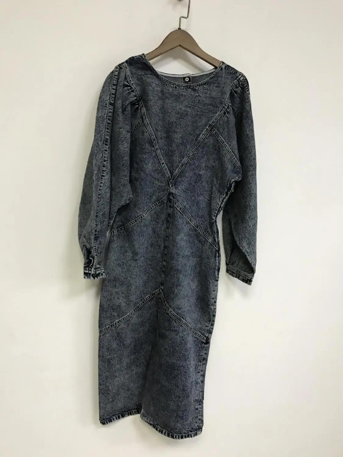 Women Denim Midi Dress Lantern Sleeve 2020 New