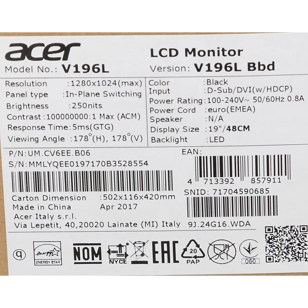 Acer monitor 1" V196LBbd black IPS LED 5:4 DVI 250cd Mat