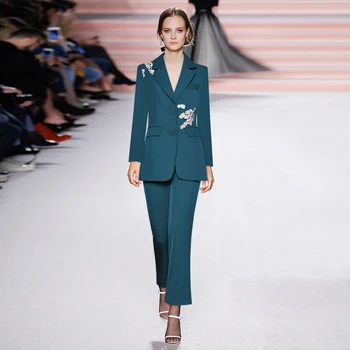 

Flower Embroidery Women Blazer Solid Long Sleeve Pant Suits A920