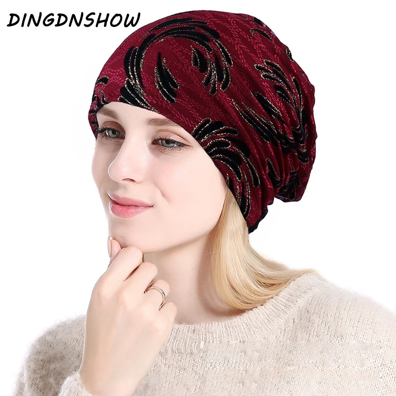 

[DINGDNSHOW] 2019 Brand Beanies Hat Cotton Bonnet Hat Print Warm Winter Cap Lady Knitted Cap for Women