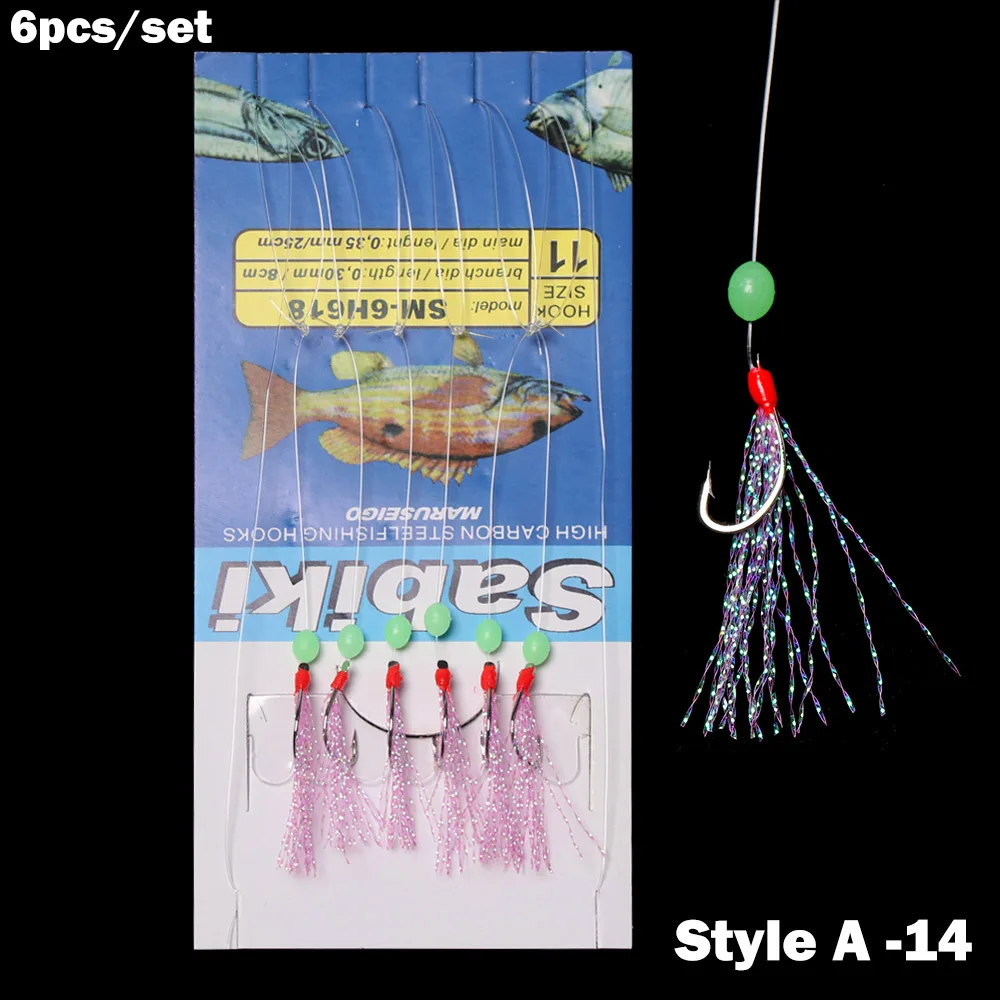 Style A - 14 6 шт./компл. рыболовные крючки для вертлюжная Рыбалка светящаяся позолоченная рыбья кожа рыбий запах песка комбинация рыболовный крючок с 6 маленькими крючками - Цвет: Style A - 14