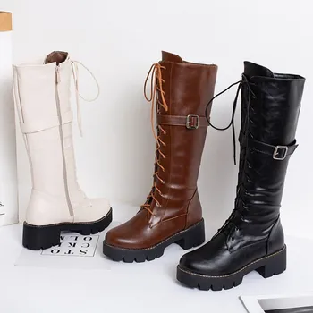 

European And American-Style Plus-sized Autumn And Winter New Style Pu round Lace up Front Thick Bottomed Women's Boots Chunky He