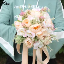 Meldel Bridal Wedding Bouquet Flower Bridesmaids Holder Artificial Silk Peony Pink Flower Bouquet Handmade Peony Wedding Decor