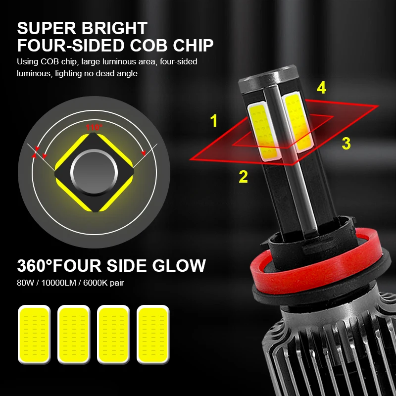 2 шт. автомобильные фары 9005 9006 H1 H4 led H7 H11 4 чип COB 9004 9007 80 Вт лм|Передние LED-фары для