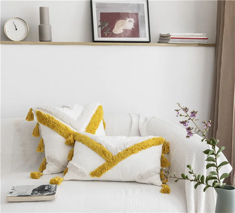 Декоративная Наволочка на подушку в американском стиле, желтый, синий Чехол на подушку с кисточками, геометрический Чехол на подушку для дивана, кровати, автомобиля
