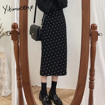 

Polka dot skirts womens korean midi skirt split elegant high waist Package Hip pencil skirt fashion autumn winter Casual black