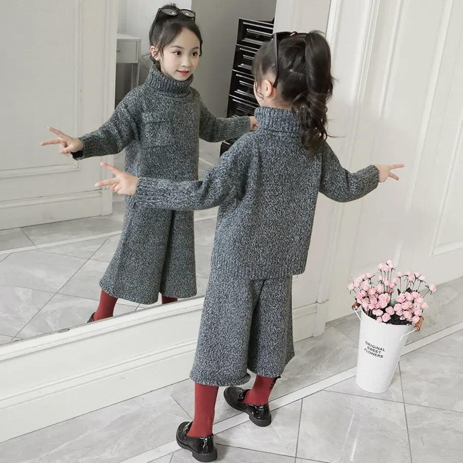 Уличный костюм для девочек; От 4 до 12 лет вязаный пуловер с высоким воротником; комплект со свитером для детей; красивые однотонные вязаные Широкие штаны для детей