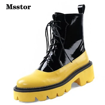 

Mixed Colors Yellow Shoes Women Round Toe Casual Fashion Lace Up Boots Rubber Rivet Boots Platform Ladies Ankle Boots Rubber