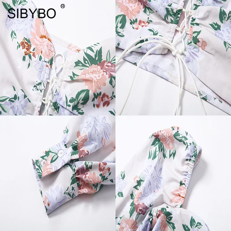 SIBYBO, цветочный принт, шнуровка, сексуальный укороченный топ, женский, длинный рукав, полый, тонкий, осенняя футболка, Женская повязка, повседневные, женские топы
