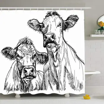 

Shower Curtain Set with Hooks 66x72 Nature Healthy Two Cows Black White Expression Sketch Field Cow Cattle Scenics Animals