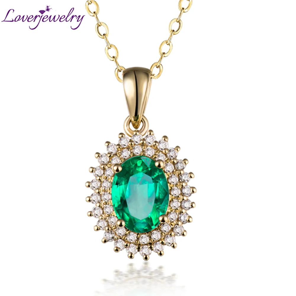 

LOVERJEWELRY Emerald Pendant Women Real 18KT Yellow Gold 100% Genuine Diamonds Zambia Natural Emerald Necklace Pendant For Party