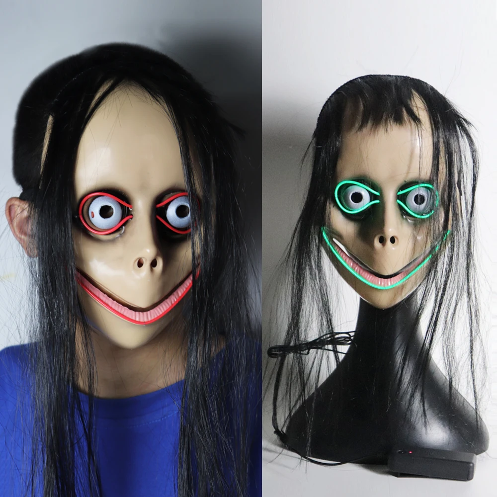 Хэллоуин игра ужасов Momo маска светодиодный освещение гримаса обман хитрое полное лицо пластиковая маска Страшные макияж Костюмы Аксессуары
