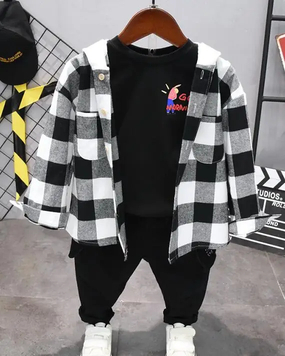 3pcs set Комплект одежды для малышей, комплект с длинными рукавами для маленьких мальчиков, осенняя рубашка с капюшоном+ футболка+ штаны, 3 предмета, одежда для маленьких мальчиков, спортивный костюм для детей - Цвет: 3pcs set