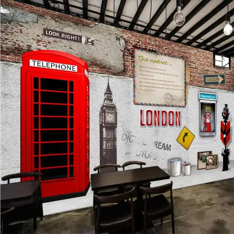 British Style Retro Nostalgia London Red Phone Booth Brick Wallpaper Cafe Restaurant Industrial Decor Background Wall Paper 3d Wallpapers Aliexpress