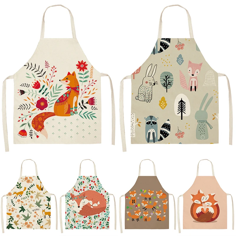 

Cute Fox Printed Cotton Linen Brief Sleeveless Apron Home Cooking Baking Waist Bib Kitchen Women Pinafore 53*65cm WQL0159