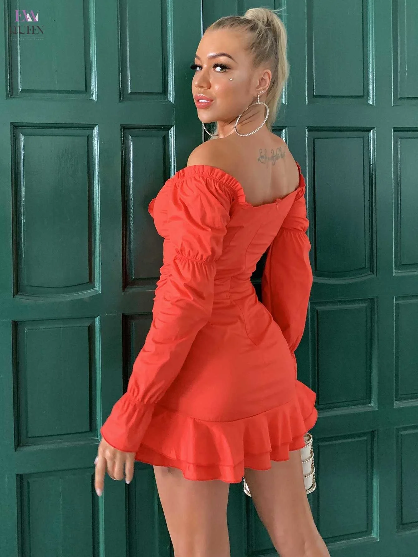 Joyfunear Neon Red Off Shoulder Ruffle Trim Satin Dress
