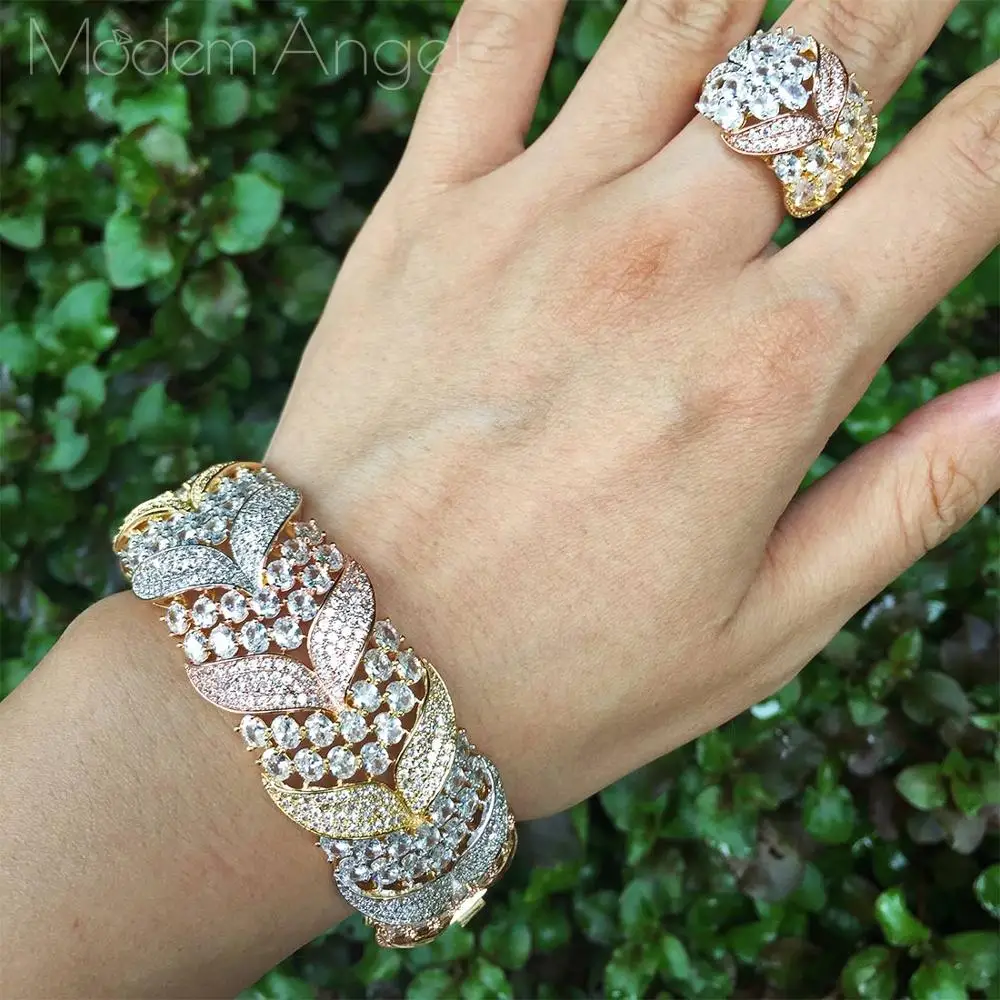 Бренд ModemAngel, роскошный цветочный дизайн, кубический цирконий, три цвета, браслеты, набор колец для женщин, ювелирные изделия, подарки Бренд ModemAngel, роскошный цветочный дизайн, кубический цирконий, три цвета, браслеты, набор колец для женщин, ювелирные изделия, подарки