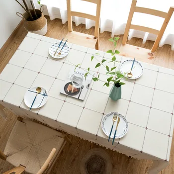 

Plaid Embroidered Tablecloth Solid Color Cotton Fabric Tassels Rectangular Coffee Table Table Mat Rectangle Linen Garden Printed