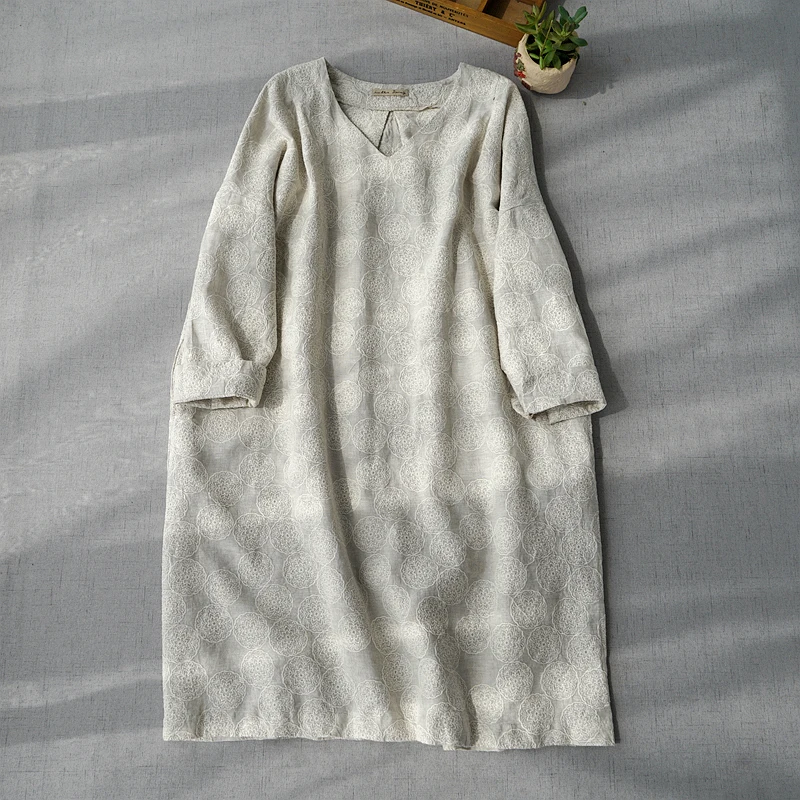 Весна Осень Новые женские универсальные свободные платья размера плюс Mori для девушек японский стиль изысканная вышивка льняные платья с v-образным вырезом 3 цвета