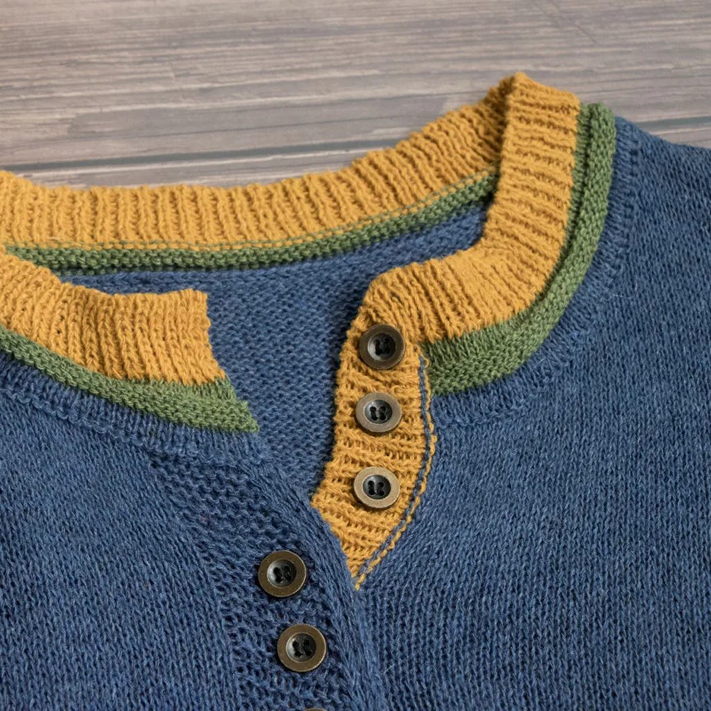 Женский винтажный Повседневный полосатый свитер из кусков на пуговицах с v-образным вырезом, уникальный стиль, вязаные топы, вязаный свитер контрастного цвета