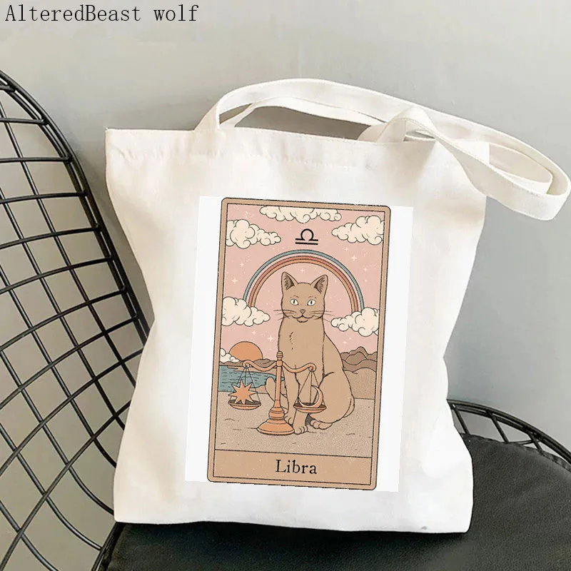 Women Shopper bag Libra  cat Tarot Printed Kawaii Bag Harajuku Shopping Canvas Shopper Bag girl handbag Tote Shoulder Lady Bag