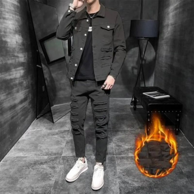 black fleece liner Модные мужские большие размеры повседневные брюки карго 2 шт. джинсовые наборы панк рваные с длинным рукавом однобортные куртки длиной до щиколотки тонкие брюки - Цвет: black fleece liner