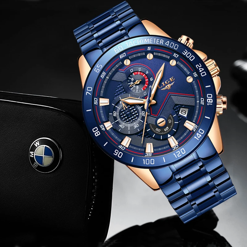 Lige Business Men Watch Luxury Brand Stainless Steel Wrist Watch Chronograph Army Military Quartz-4