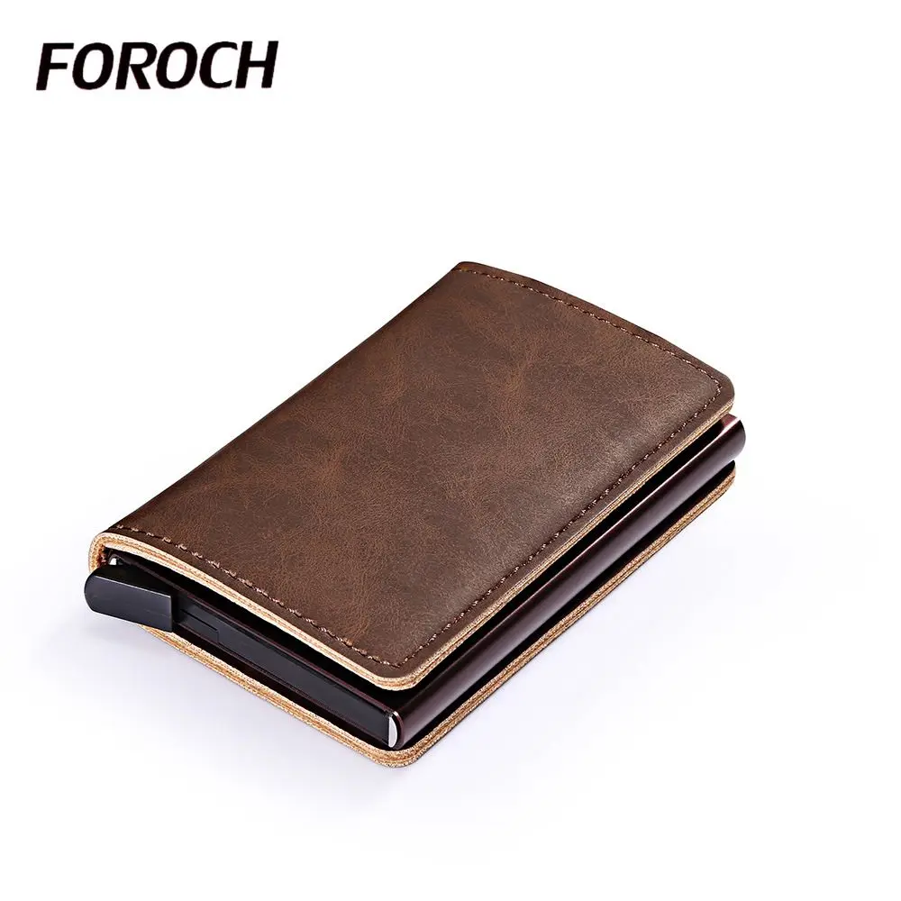 

Male Card Holder RFID Aluminium Alloy Credit Card Holder 561 Metal Crazy Horse Leather Wallet Anti theft Men Automatic Card Case