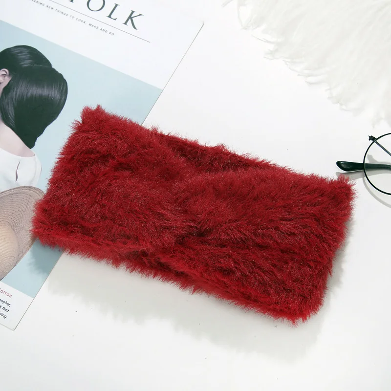 red CN Knot Warm Ear Mink Fur Headbands Solid Cross Winter Hairbands For Womens Girls Daily Headband Elastic Turban Hair Accessories - Цвет: red