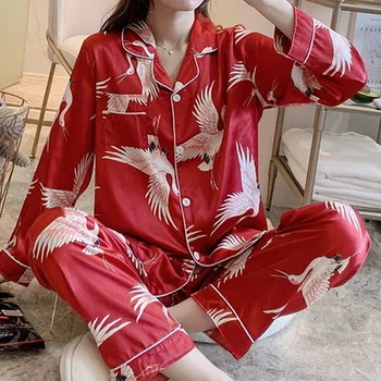

WENYUJH Long Sleeve Pajamas Autumn Ice Silk Long Sleeve Cartoon Print Trousers Suit Printing Fashion Pyjamas Set 2020