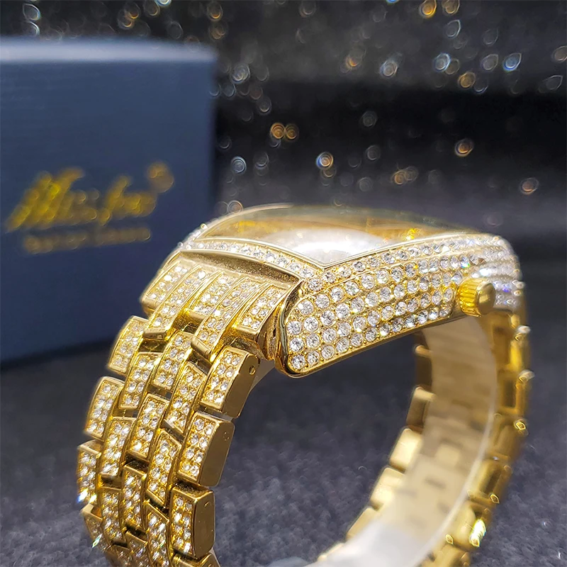 MISSFOX Ceas de aur pentru bărbați, ceasuri hip-hop bling bling tonneau cu cuarț pentru bărbați mari, impermeabil, ceas de mână Millerable_voghion.com
