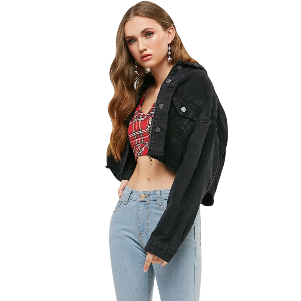 ZAFUL джинсовая куртка с необработанным вырезом и карманом заниженным плечом топы