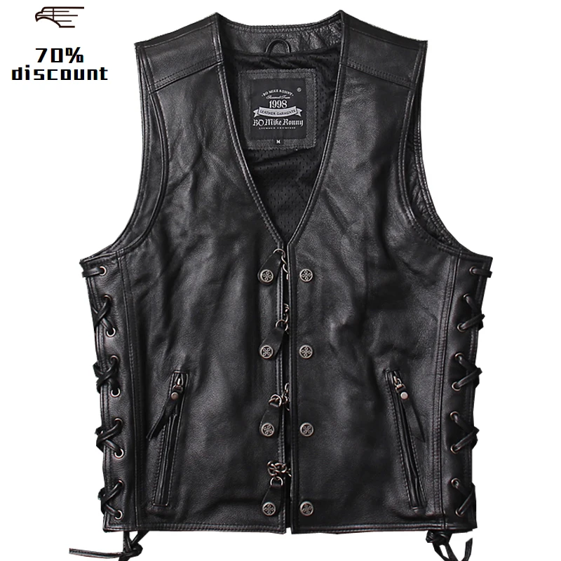 

2020 Black Men Genuine Motorcycle Leather Vest Plus Size XXXXL Cowhide Slim Fit Short Chains Biker's Leather Vest FREE SHIPPING