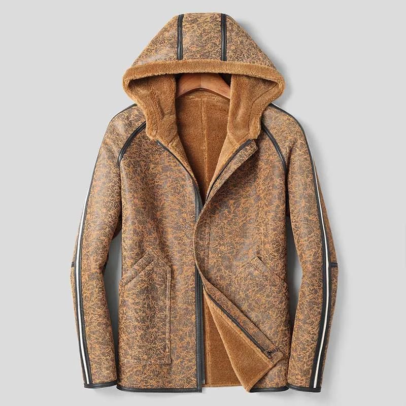 Camel DK, новинка, с капюшоном, из овчины, кожа, мех, для мужчин, зимняя, теплая, утолщенная, меховая одежда, натуральная овчина, шуба - Цвет: Camel