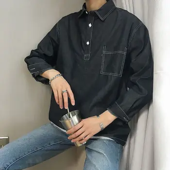 

2020 Spring And Autumn New Youth Popular Men's Japanese Loose Solid Color Denim Long-sleeved Shirt Fashion Casual Pullover Shirt