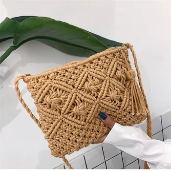 

Women's Straw Bag Clutch Women Crossbody Change Bag Mini Bag Cotton Woven Shoulder Packs Messenger Bags Retro Small Square Pack