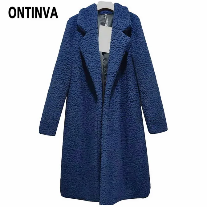 Женское плюшевое пальто из искусственного меха, теплое зимнее толстое плюшевое длинное розовое меховое пальто для девушек размера плюс 3XL, пальто, модные куртки, верхняя одежда - Цвет: Тёмно-синий